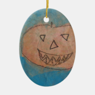 Ornement Ovale En Céramique Smiling Pumkin, Halloween Kids Art Watercolor