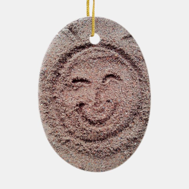 Ornement Ovale En Céramique Soleil souriant, Emoticon de sable, Emoji d'été (Dos)
