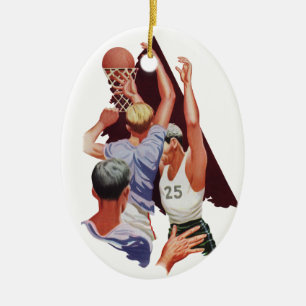 Ornement Ovale En Céramique Sports Vintage, Joueurs de Basket-ball dans un Mat