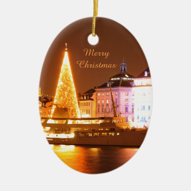 Ornement Ovale En Céramique Stockholm, Suède à Noël la nuit (Devant)