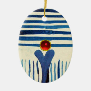 ORNEMENT OVALE EN CÉRAMIQUE STRIPES BLEUS ET RUBY ROUGE