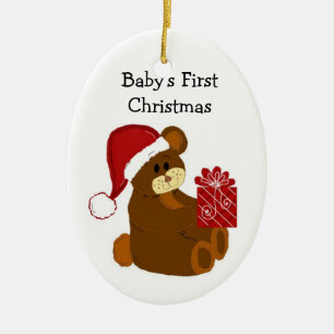 Ornement Ovale En Céramique Teddy Bear Baby's First Christmas