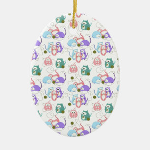 Ornement Ovale En Céramique Tricotage de 3 petit chatons !