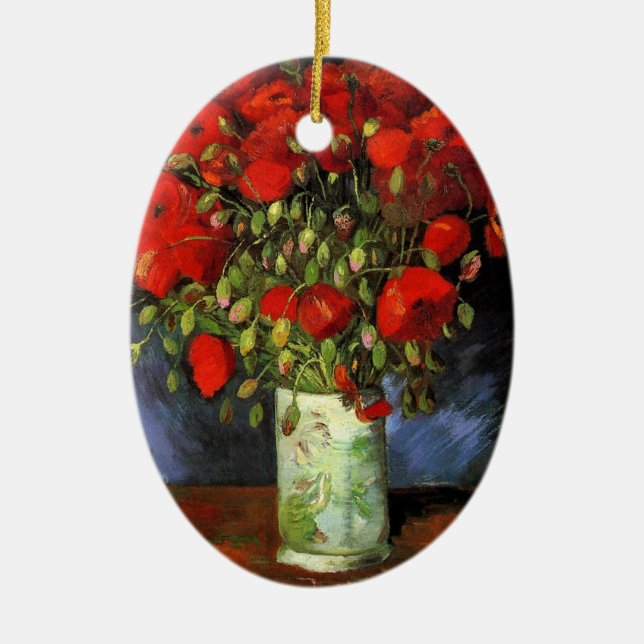 Ornement Ovale En Céramique Vase avec des pavots rouges par Vincent van Gogh (Devant)