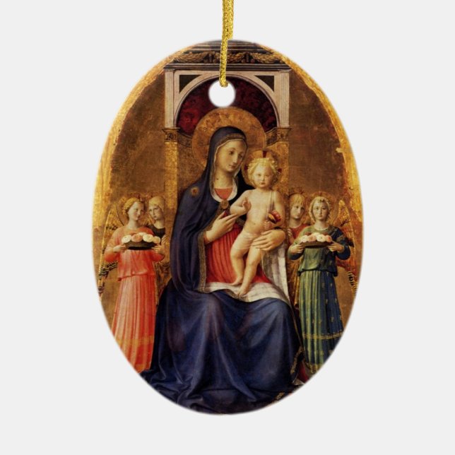 Ornement Ovale En Céramique VIERGE AVEC ENFANT ET ANGELS, Saphir Bleu (Devant)