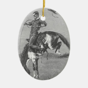 Ornement Ovale En Céramique Vieux Cowboys de Rodéo, Cheval Sauvage Bronco par 