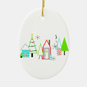 Ornement Ovale En Céramique village de Noël moderne du milieu du siècle