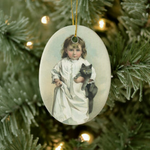 Ornement Ovale En Céramique Vintage fille victorienne en robe de nuit avec son