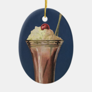 Ornement Ovale En Céramique Vintage Ice Cream Shake, Whipped Cream & Cherry