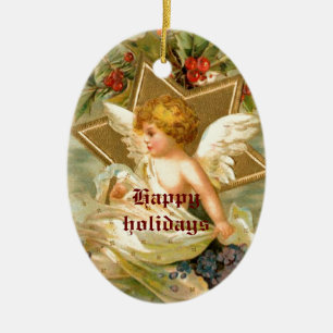 Ornement Ovale En Céramique Vintage petit mignon ange de Noël et étoile