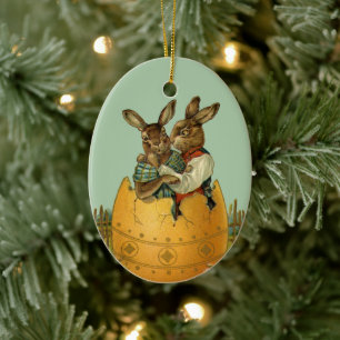 Ornement Ovale En Céramique Vintage Victorian Easter Bunnies in a Gold Egg