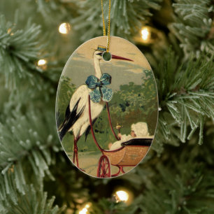 Ornement Ovale En Céramique Vintage Victorian Stork and Baby Carrie