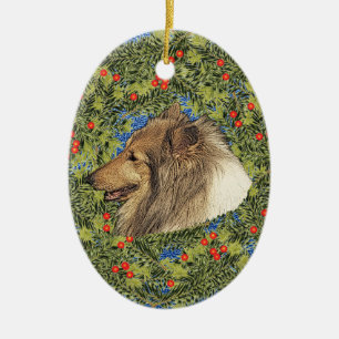 Ornement Ovale En Céramique Wreath Rough Collie