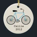 Ornement personnalisé par bicyclette bleu-clair<br><div class="desc">Un ornement comportant une illustration d'une bicyclette bleu-clair.  Personnalisez avec votre nom sous le vélo.</div>