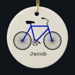 Ornement personnalisé par bicyclette bleue<br><div class="desc">Un ornement comportant une illustration d'une bicyclette bleue.  Personnalisez avec votre nom sous le vélo.</div>