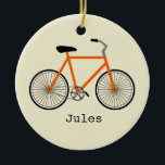 Ornement personnalisé par bicyclette orange<br><div class="desc">Un ornement comportant une illustration d'une bicyclette orange.  Personnalisez avec votre nom sous le vélo.</div>