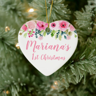 Ornement Photo 1er Noël de Bébé Fleur Rose