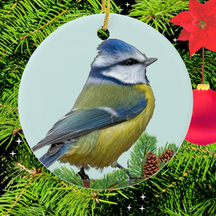 Ornement photo personnalisé d'un oiseau bleu jaune