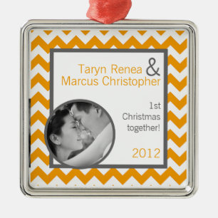 Ornement photo personnalisé Jaune Grey Chevron