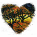 Ornement Photo Sculpture Ornement cardiaque d'automne avec arbres<br><div class="desc">Un ornement en forme de coeur. Vieux courlis,  nuages foncés,  herbe jaune sec sur les collines touchées par la dernière lumière. D'abord peint en acrylique.</div>