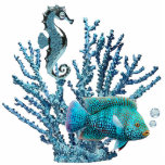 Ornement Photo Sculpture Ornement de récif de corail bleu<br><div class="desc">Oeuvre de sculpture en acrylique de corail bleu abritant un hippocampe bleu étincelant et un beau poisson bleu avec bulles d'air bleu clair topaz. Voir la fiche de sculpture en acrylique, porte - clé, aimant et sculpture. Voir l'ensemble de la collection Under the Sea Ornament dans les TOUCHES SPÉCIALES |...</div>