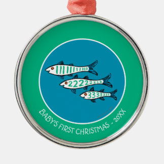 Ornement Rond Argenté 1, 2, 3 poissons avec de petits poissons et corail