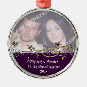 Ornement Rond Argenté 1ère photo de Noël du mariage Couple