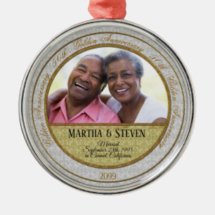 Ornement Rond Argenté 50e anniversaire d'or Damas photo avec noms