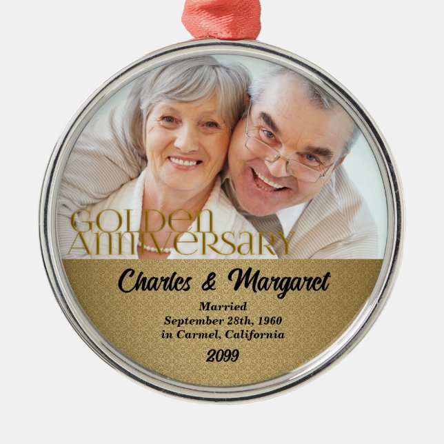 Ornement Rond Argenté 50e anniversaire d'or Damas photo Noël (Devant)