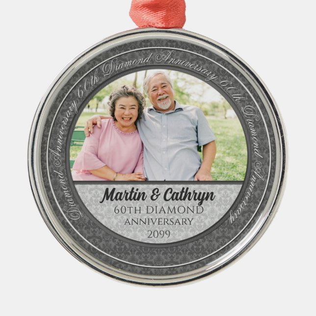 Ornement Rond Argenté 60e anniversaire du diamant Photo de Damas d'argen (Devant)