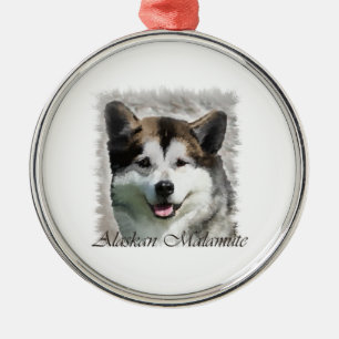 Ornement Rond Argenté Alaskan Malamute Dog Art
