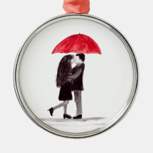Ornement Rond Argenté Amour couple parapluie rouge aquarelle mariage mig