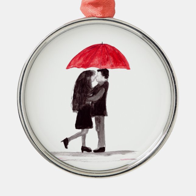 Ornement Rond Argenté Amour couple parapluie rouge aquarelle mariage mig (Devant)