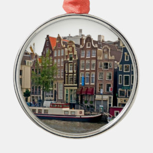 Ornement Rond Argenté Amsterdam, maisons sur le canal