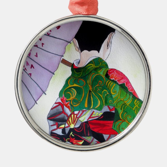 Ornement Rond Argenté Art japonais Geisha avec kimono et parapluie (Devant)
