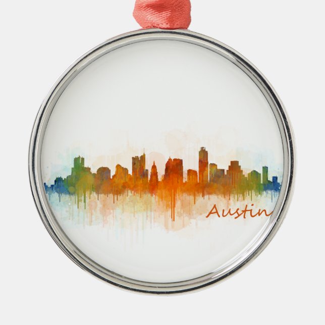 Ornement Rond Argenté Austin Texas skyline Watercolor v3 (Devant)