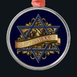 Ornement Rond Argenté Bonne Hanoukka Star de David<br><div class="desc">Elégante Etoile juive de David (Magen David),  symbole hexagramme bleu et blanc traditionnel contre un arrière - plan fluerish baroque d'or et noir avec un ruban d'or et des voeux de vacances pour une Hanoukka heureuse. Art de l'artiste Margaret Loftin Whiting.</div>