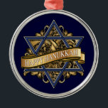 Ornement Rond Argenté Bonne Hanoukka Star de David<br><div class="desc">Elégante Etoile juive de David (Magen David),  symbole hexagramme bleu et blanc traditionnel contre un arrière - plan fluerish baroque d'or et noir avec un ruban d'or et des voeux de vacances pour une Hanoukka heureuse. Art de l'artiste Margaret Loftin Whiting.</div>