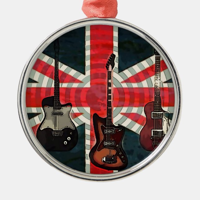 Ornement Rond Argenté British Union Jack Flag Rock Roll Electric Guitar (Devant)