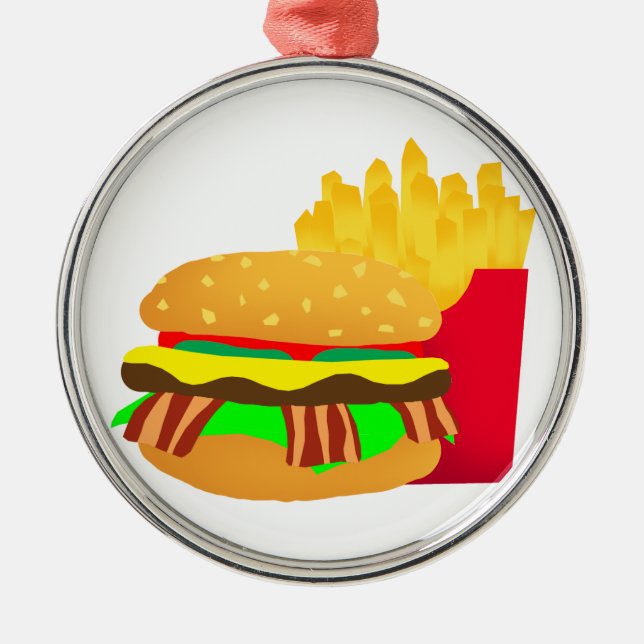 Ornement Rond Argenté Burger et frites (Devant)