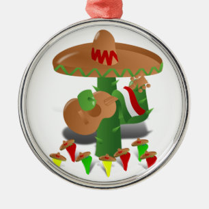 Ornement Rond Argenté Cactus Danseur avec Guitare Fiesta