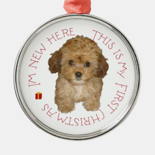 Ornement Rond Argenté Cavachon Puppy First Christmas