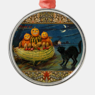 Ornement Rond Argenté Chat noir vintage Halloween Citrouille