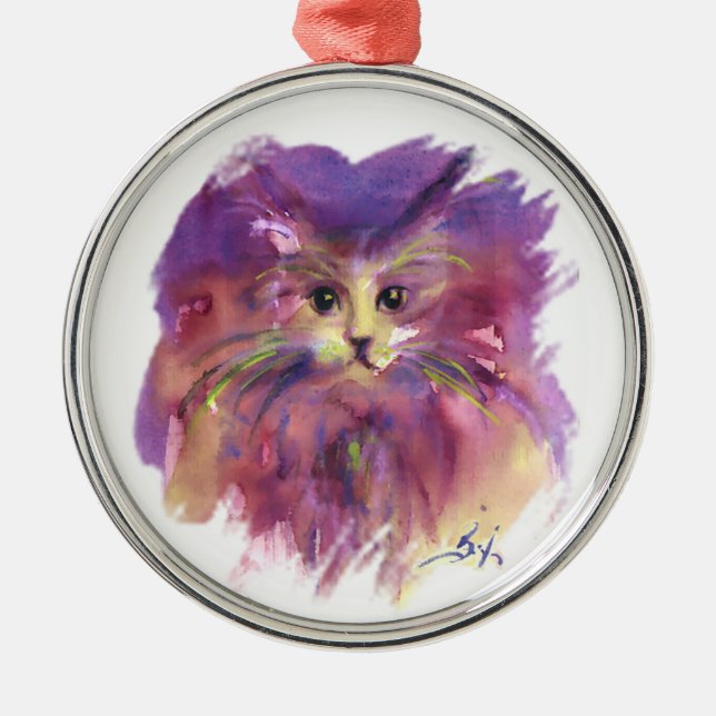ORNEMENT ROND ARGENTÉ CHATON VIOLET, PORTRAIT DE CHAT (Devant)