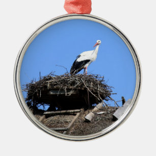 Ornement Rond Argenté Cigogne sur le nid