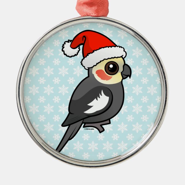 Ornement Rond Argenté Cockatiel Père Noël (Devant)
