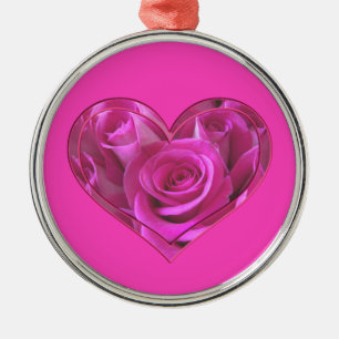 Ornement Rond Argenté Cœur de Rose Rose