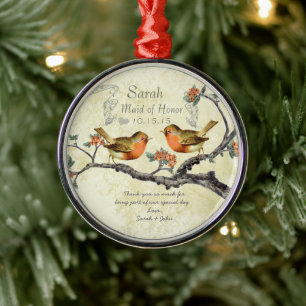 Ornement Rond Argenté Corail Rose Vintage Oiseaux Demoiselle d'Honneur O