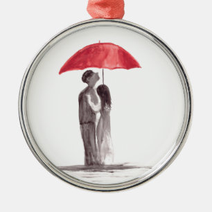Ornement Rond Argenté Couple de parapluie rouge