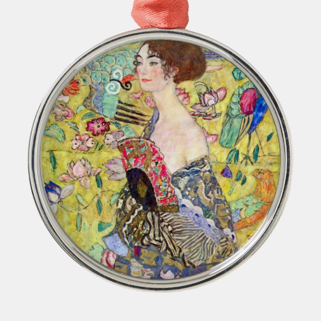 Ornement Rond Argenté Dame avec ventilateur par Gustav Klimt, Japonisme  (Devant)
